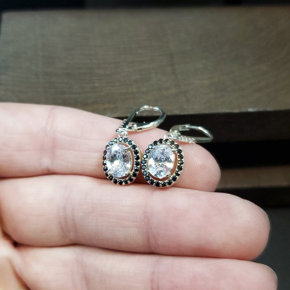 Sterling Silver Clear And Black Halo Style Cubic Zirconia Earrings - Picture 3 of 6